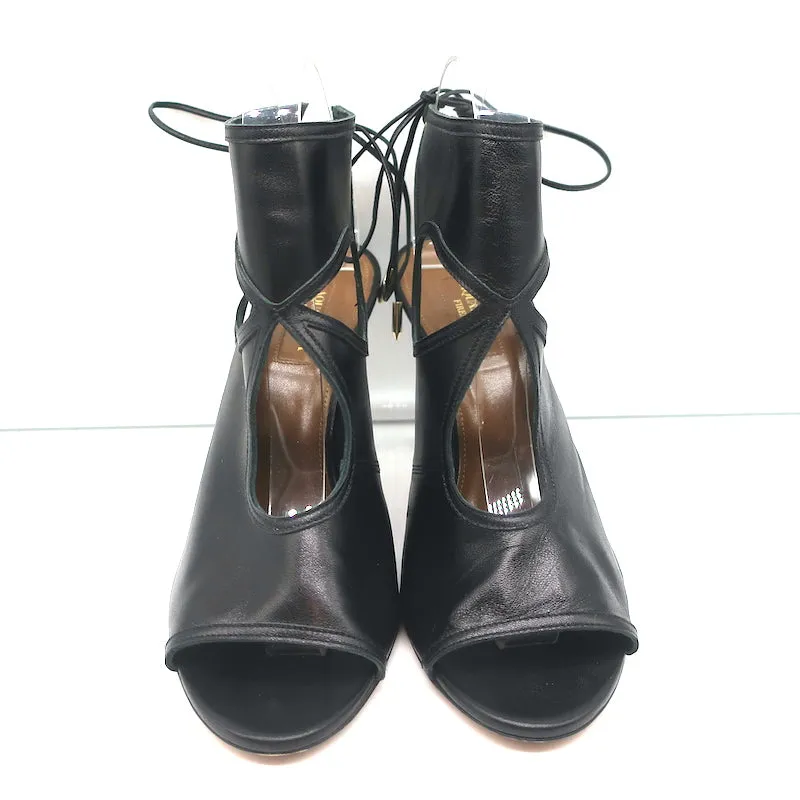 Aquazzura Sexy Thing Cutout Booties Black Leather Size 40 Open Toe Heels
