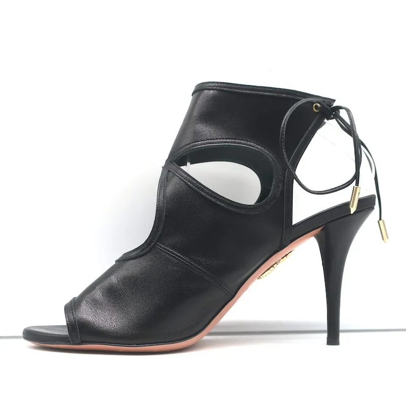 Aquazzura Sexy Thing Cutout Booties Black Leather Size 40 Open Toe Heels