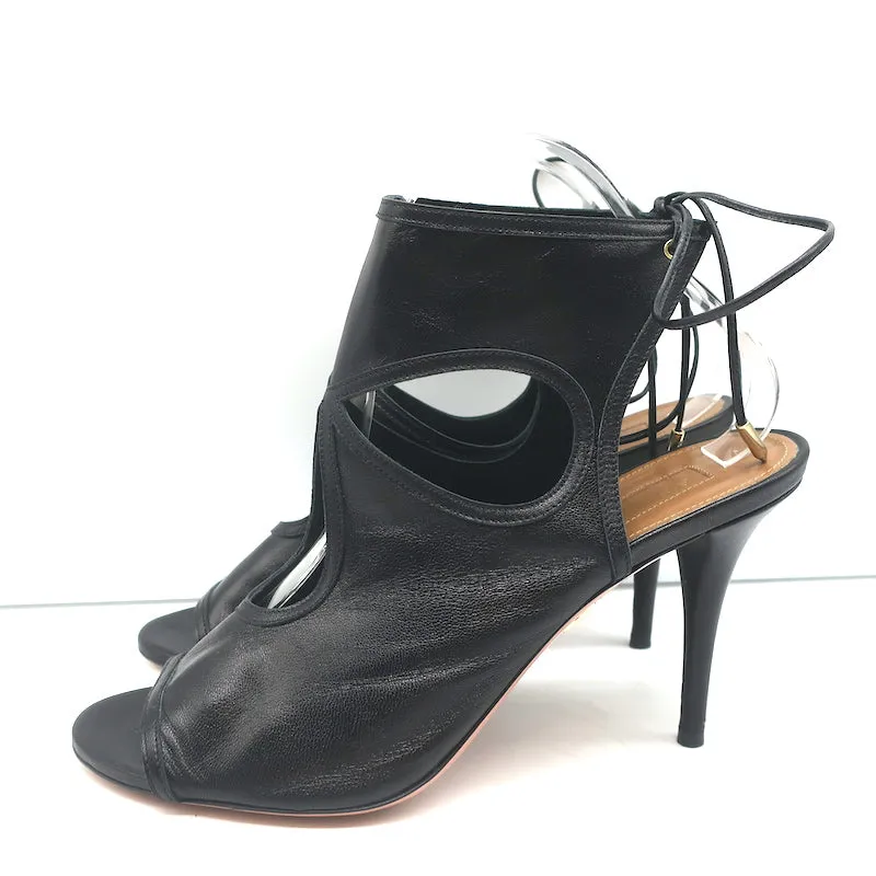 Aquazzura Sexy Thing Cutout Booties Black Leather Size 40 Open Toe Heels