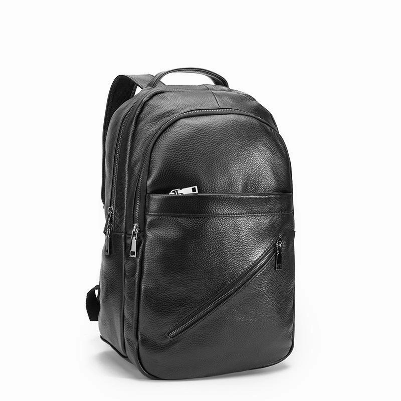Black Mens Leather College Backpack Laptop Backpack Black Travel Backpack for Men