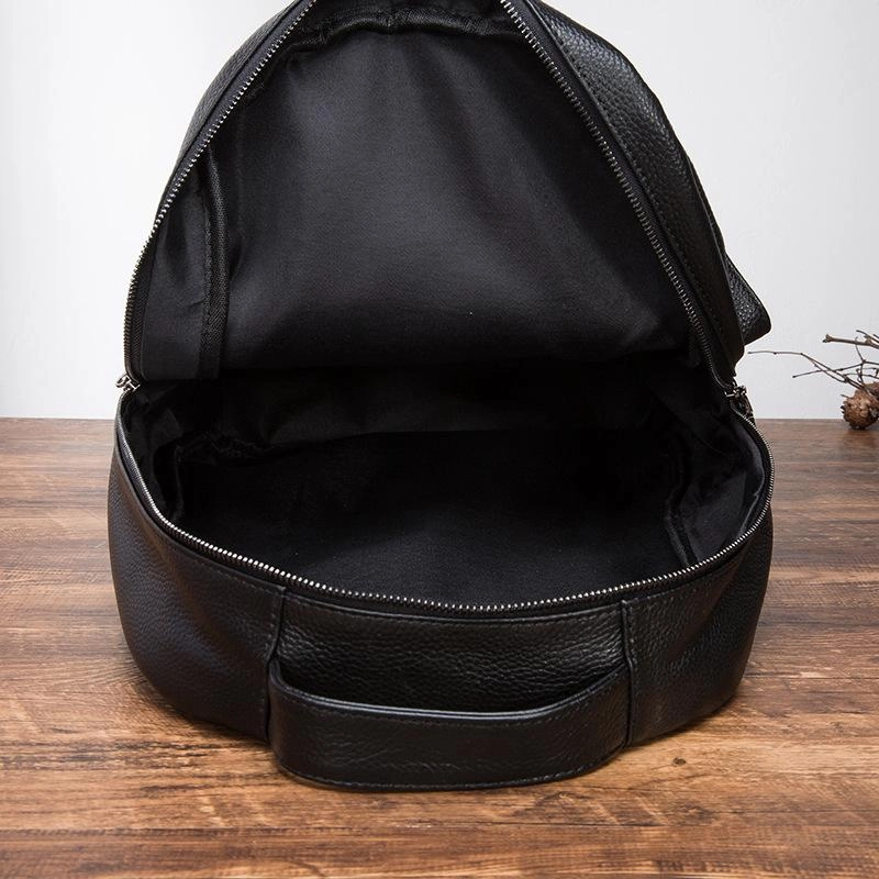 Black Mens Leather College Backpack Laptop Backpack Black Travel Backpack for Men