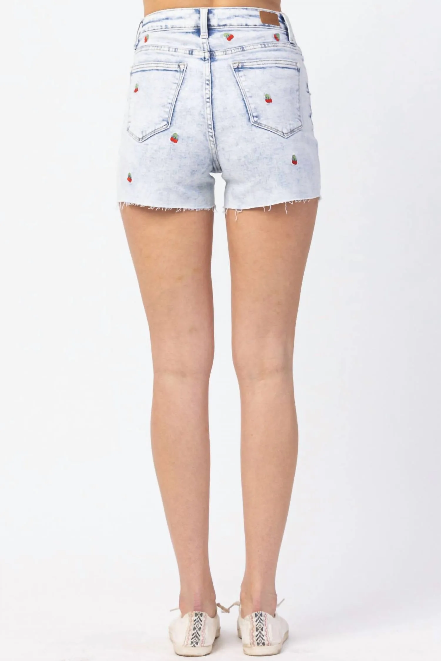 Cherry Embroidery High Rise Cut-Off Short In Acid Wash