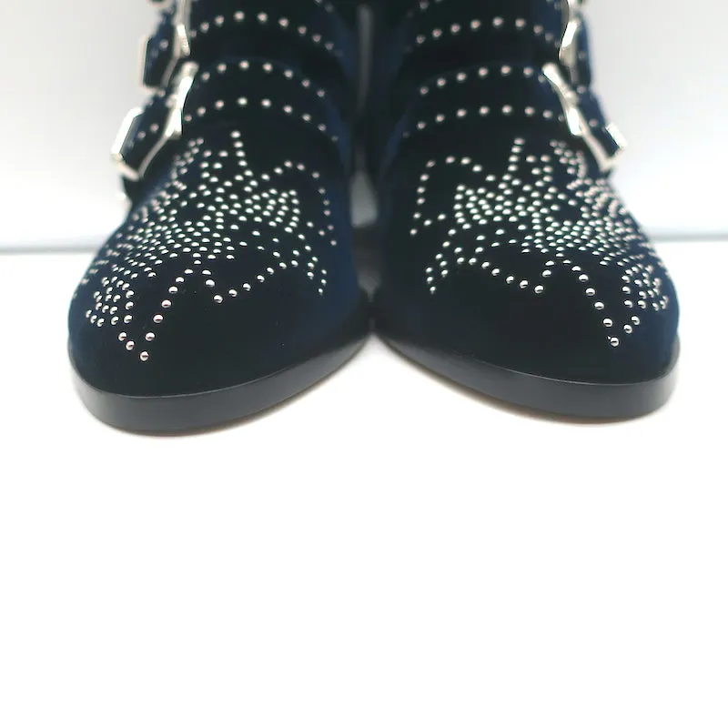 Chloe Susanna Studded Velvet Ankle Boots Navy Size 35.5 Buckle Booties NEW
