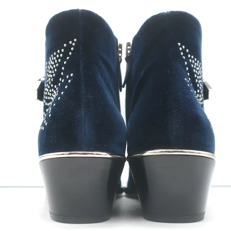 Chloe Susanna Studded Velvet Ankle Boots Navy Size 35.5 Buckle Booties NEW