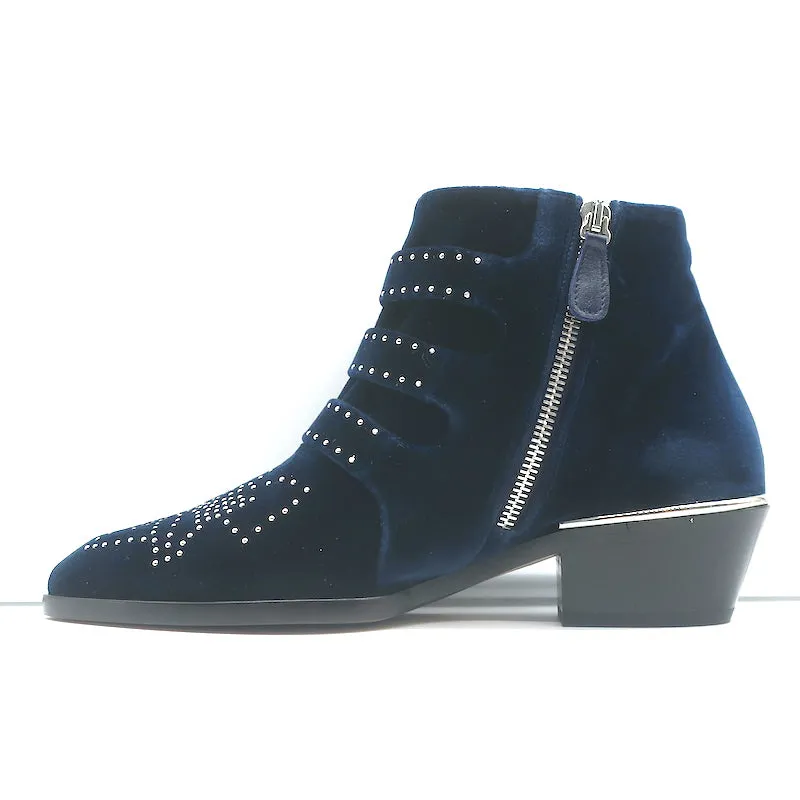 Chloe Susanna Studded Velvet Ankle Boots Navy Size 35.5 Buckle Booties NEW