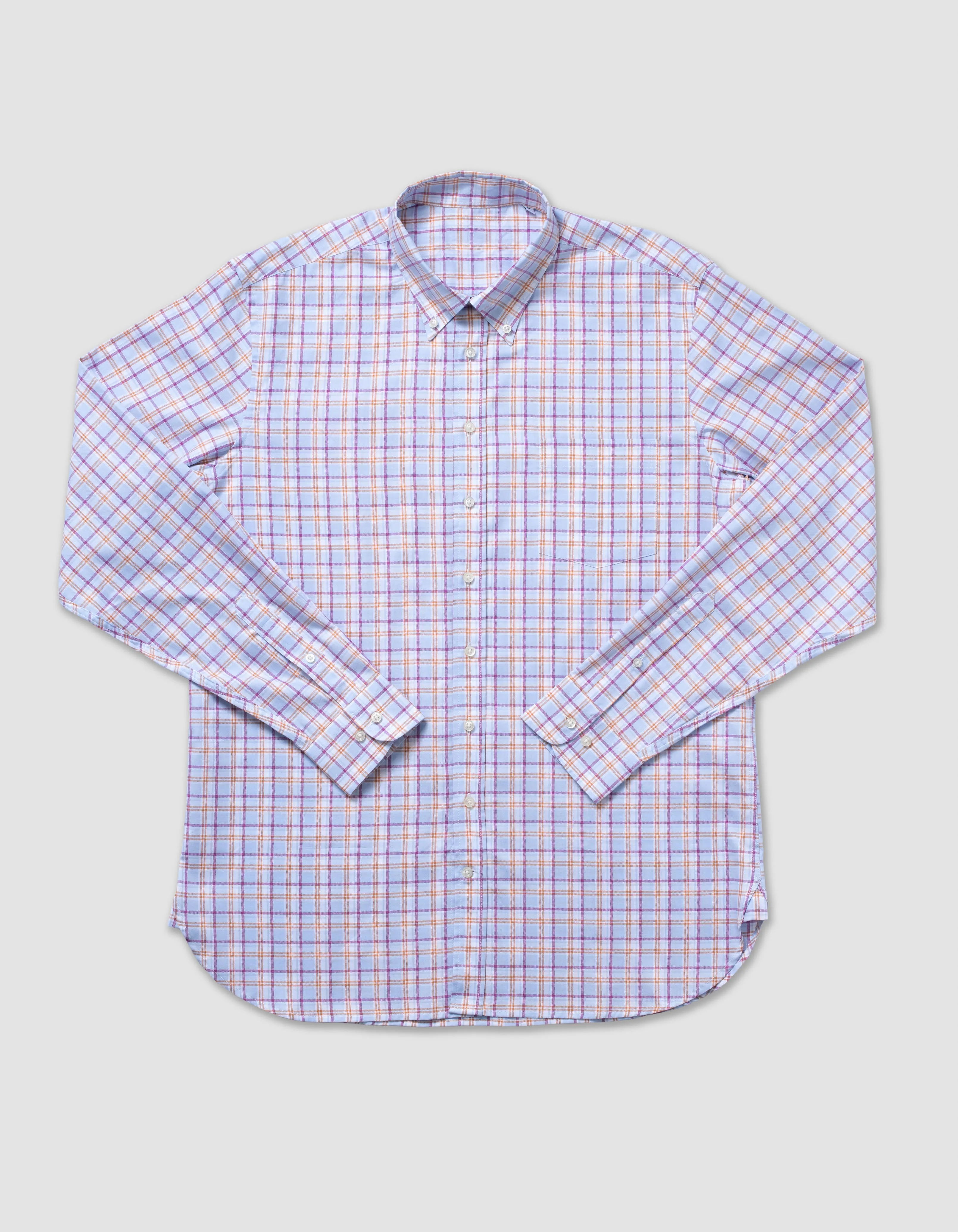 COTTON LONG SLEEVE WINDOWPANE SHIRT - LIGHT BLUE W/ ORANGE & PINK PANE