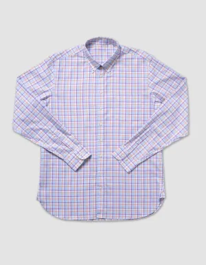 COTTON LONG SLEEVE WINDOWPANE SHIRT - LIGHT BLUE W/ ORANGE & PINK PANE