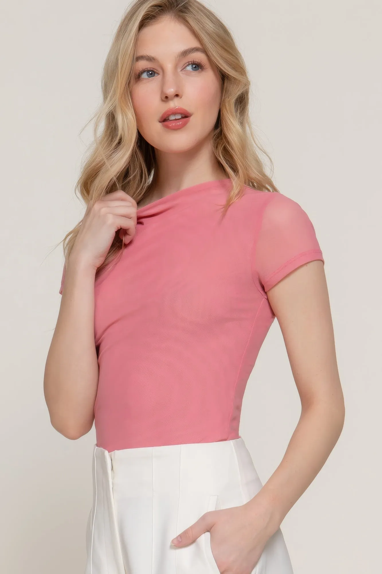 FASHNZFAB Women's Short Cap Slv High Neck 2 Ply Mesh Top