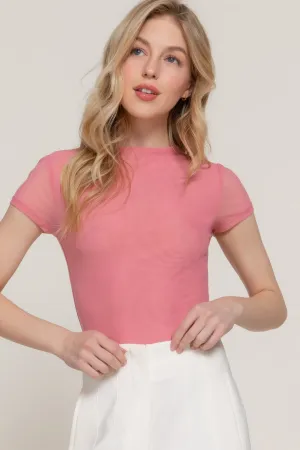 FASHNZFAB Women's Short Cap Slv High Neck 2 Ply Mesh Top