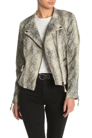 Faux Leather Snake Print Asymmetrical Moto Zip Jacket In White, Grey