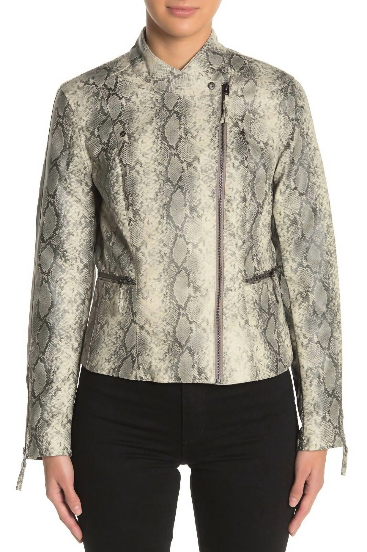 Faux Leather Snake Print Asymmetrical Moto Zip Jacket In White, Grey