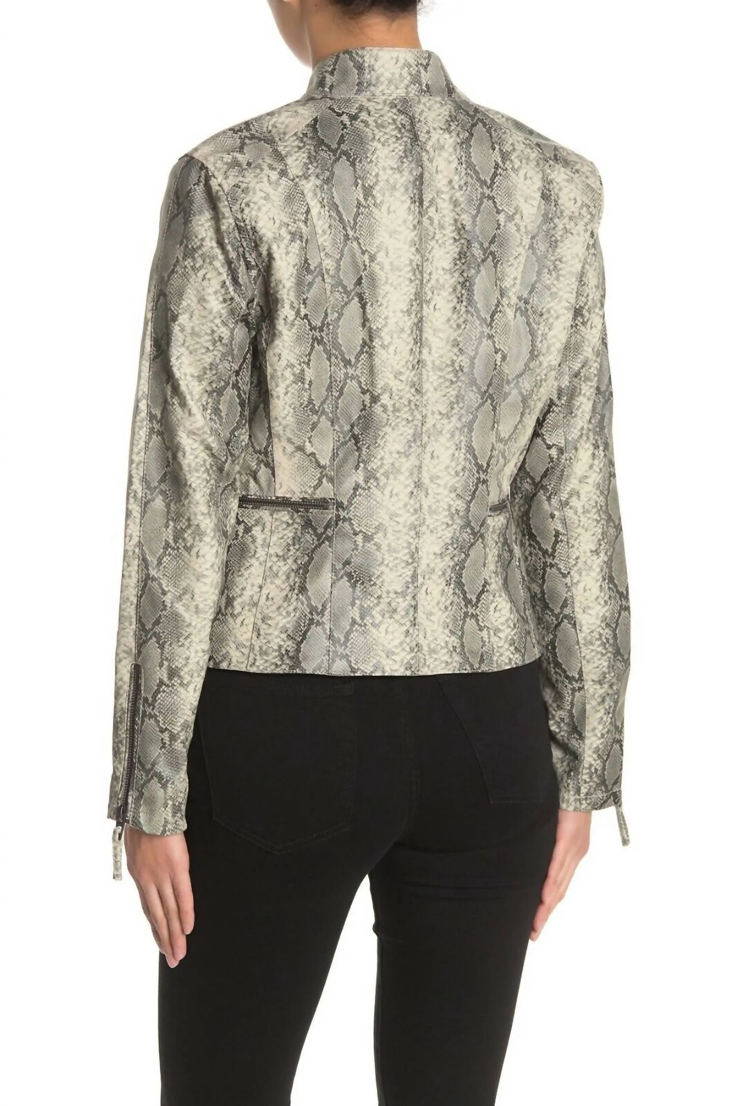 Faux Leather Snake Print Asymmetrical Moto Zip Jacket In White, Grey