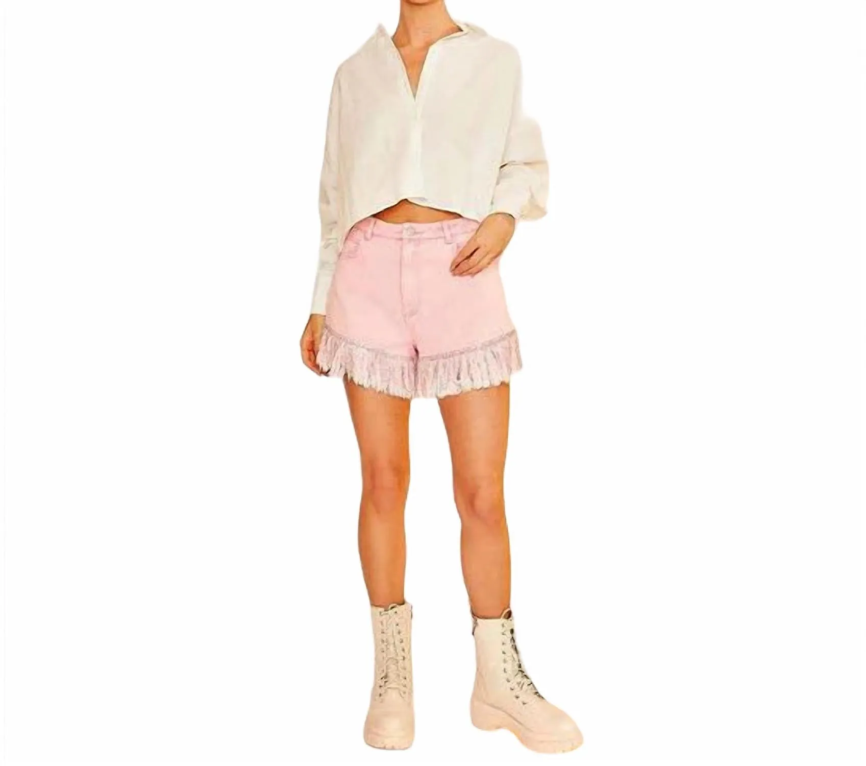 Frayed Rhinestone Denim Shorts In Pink