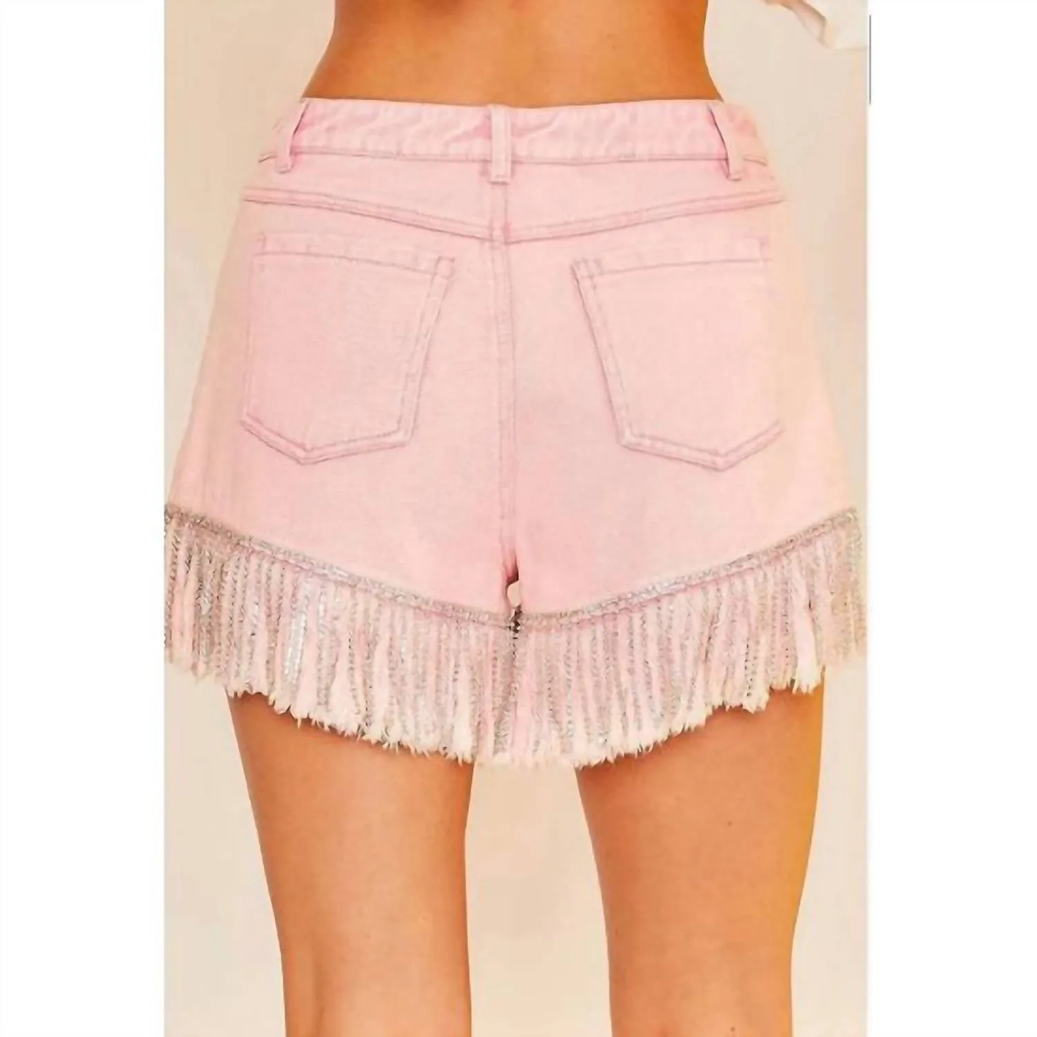 Frayed Rhinestone Denim Shorts In Pink
