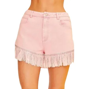 Frayed Rhinestone Denim Shorts In Pink