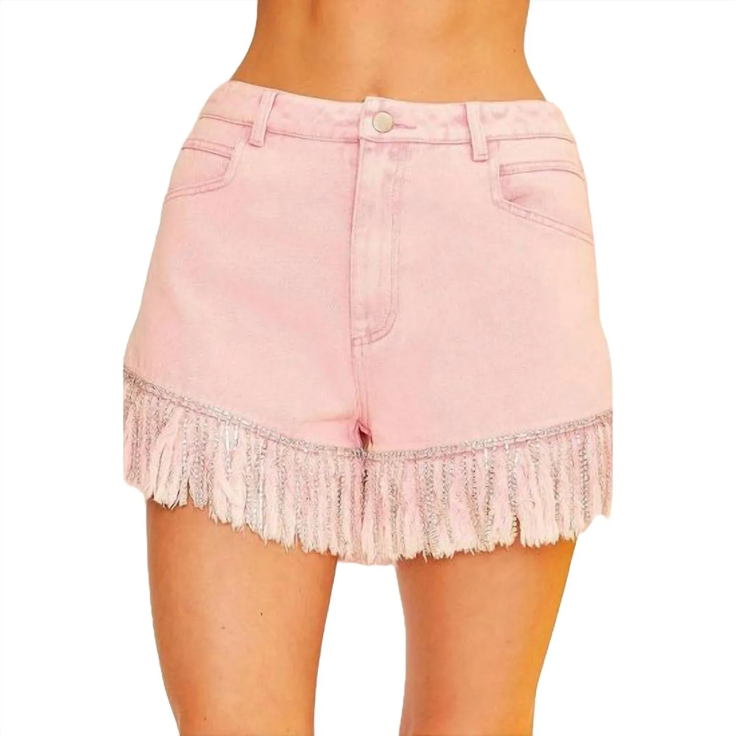 Frayed Rhinestone Denim Shorts In Pink