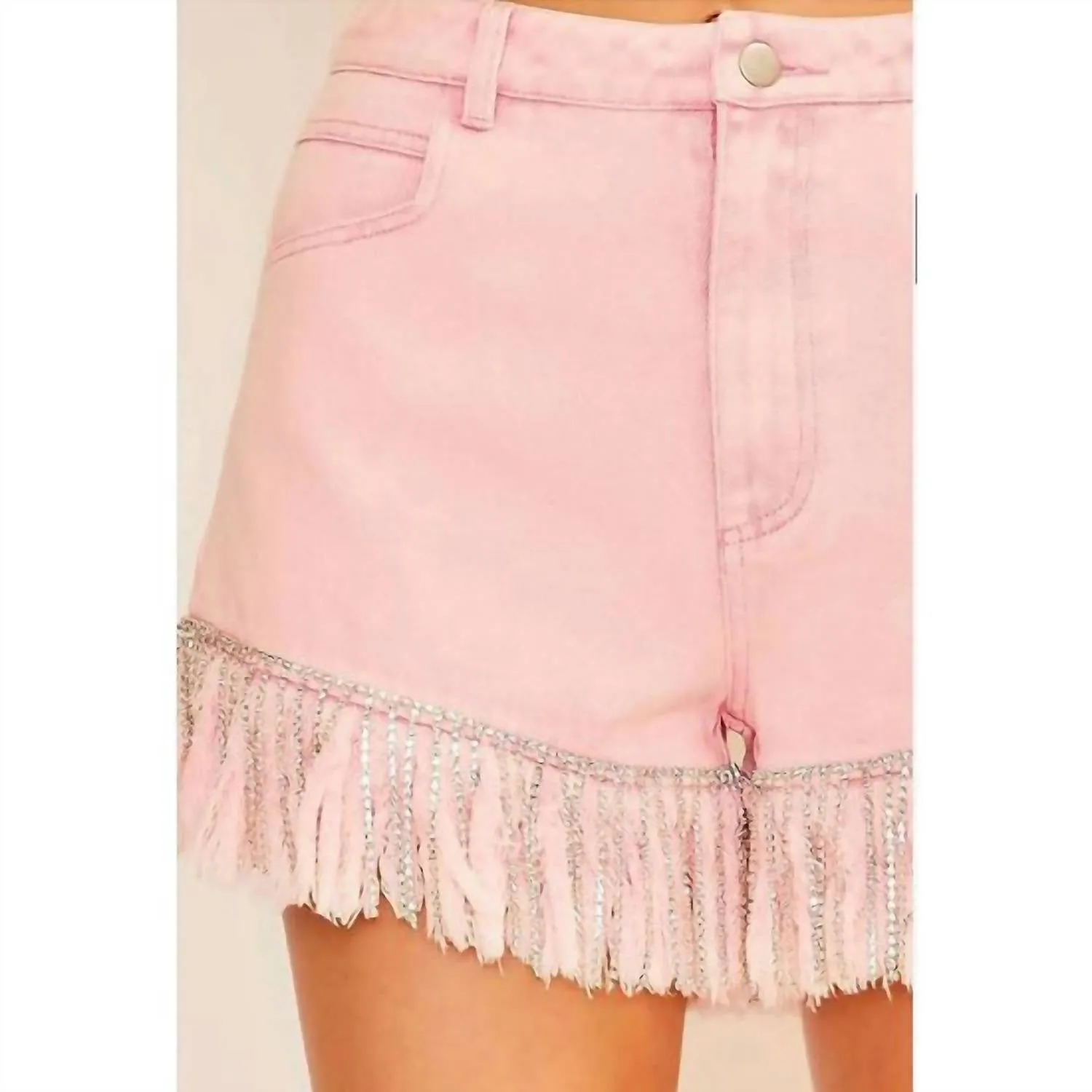 Frayed Rhinestone Denim Shorts In Pink