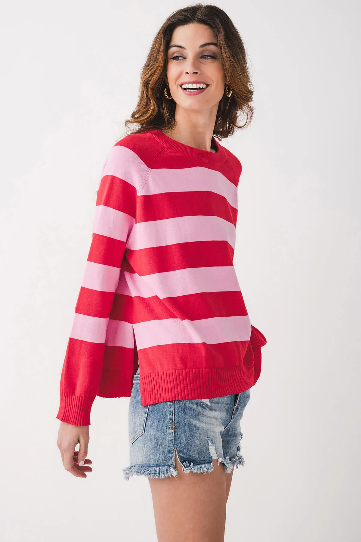 FRNCH Striped Splithem Crewneck Sweater
