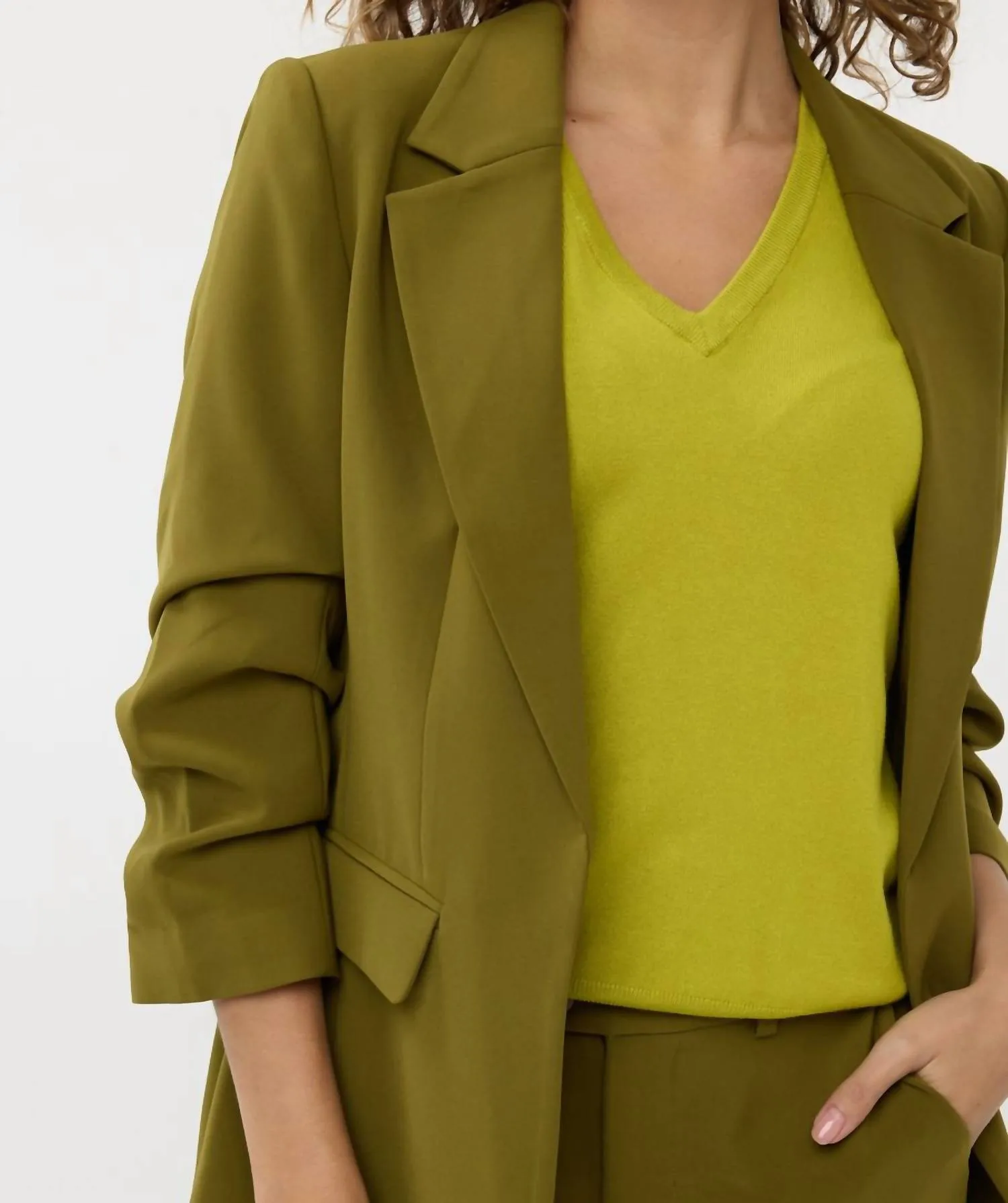 Gathered Sleeve City Blazer In Moss Green