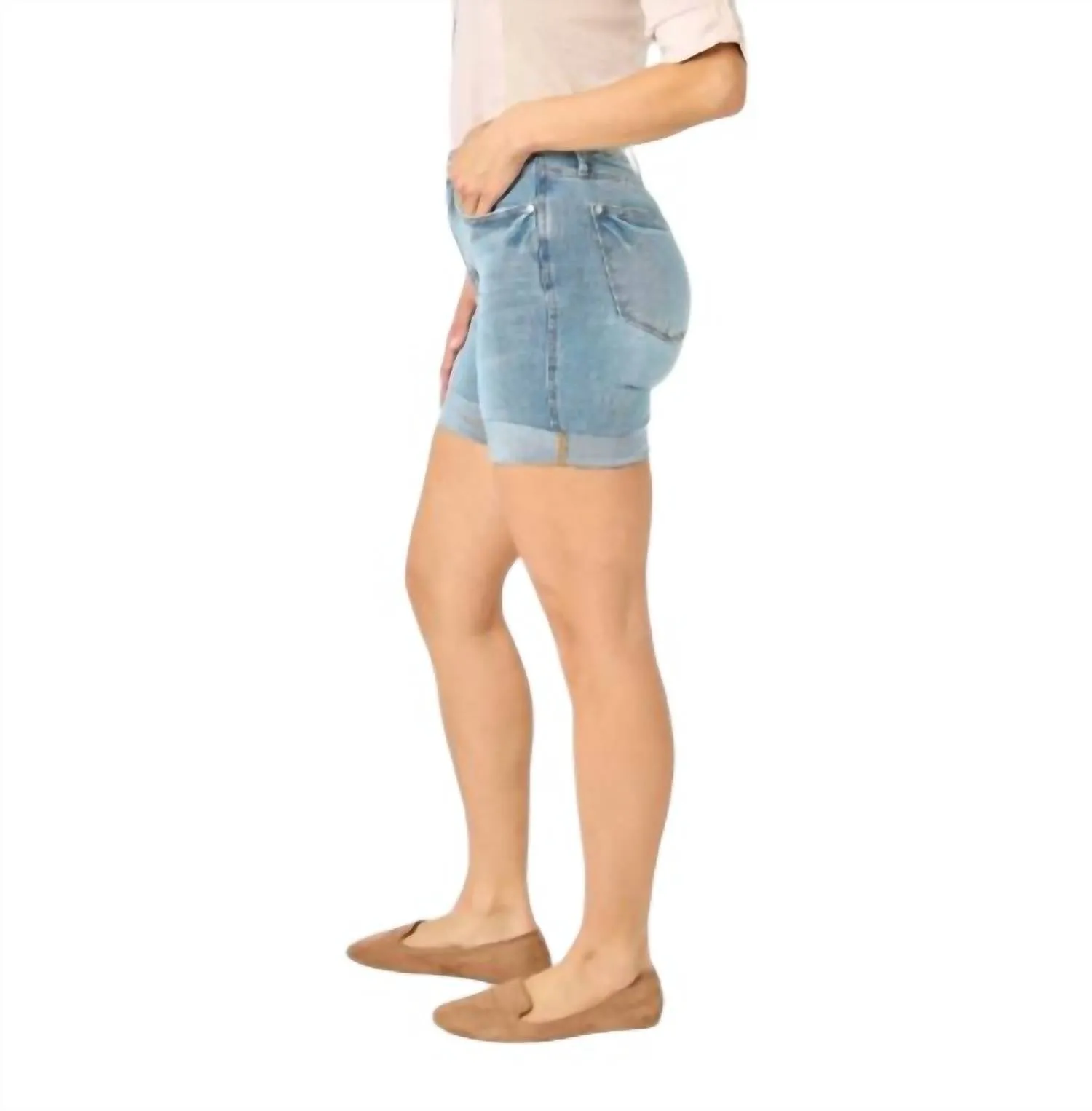 High Waist Tummy Control Cool Denim Shorts In Med Blue