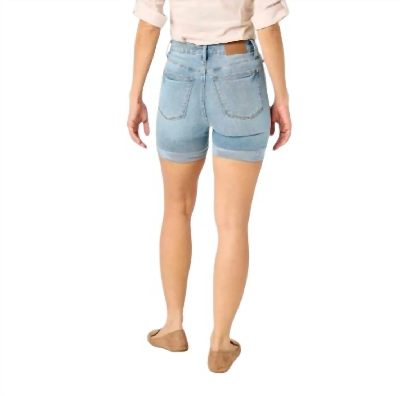 High Waist Tummy Control Cool Denim Shorts In Med Blue