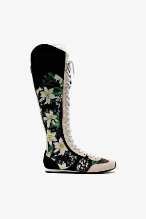 Larroudé x Jonathan Cohen Flat Hi Sneaker Boot In Black Gardenias Satin And Black Suede