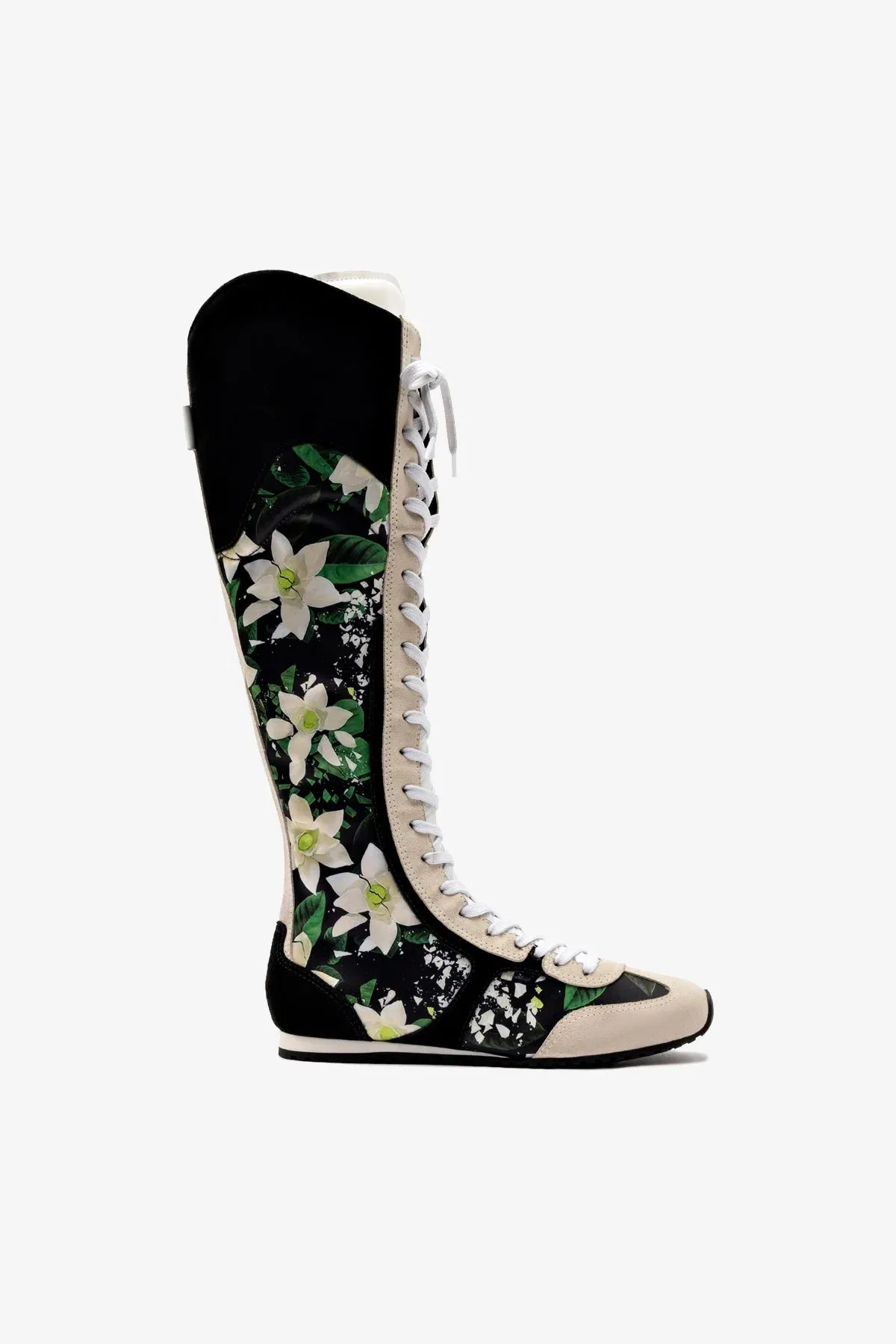 Larroudé x Jonathan Cohen Flat Hi Sneaker Boot In Black Gardenias Satin And Black Suede