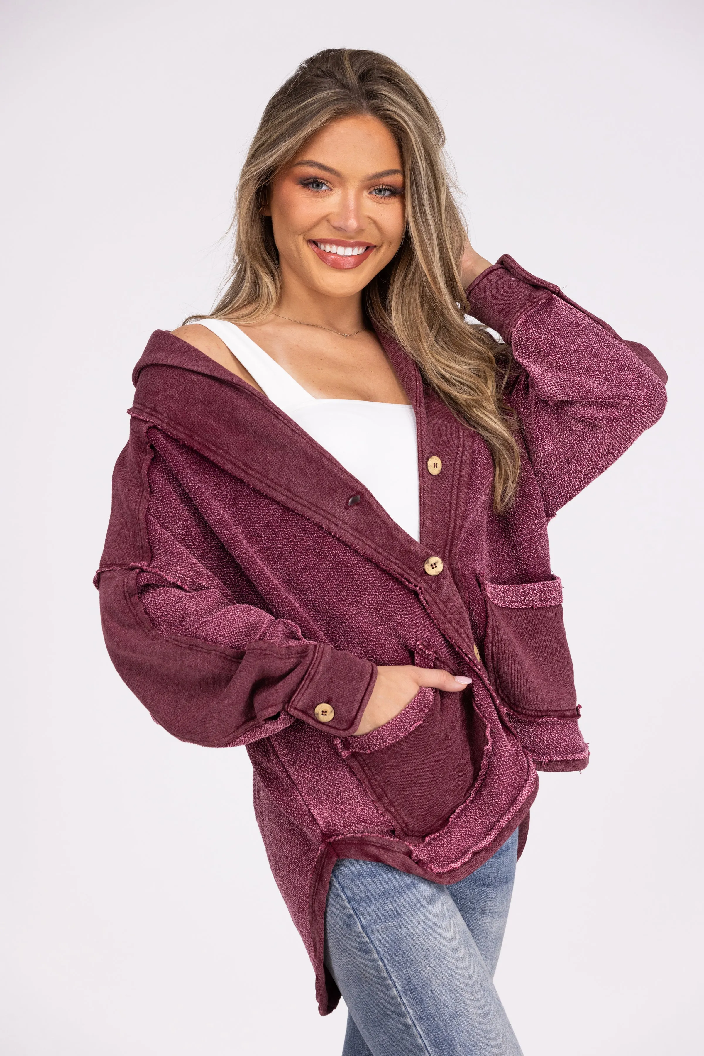 Life Long Fan Women's Mineral Washed Button Up Hi-Lo Shacket * Final Sale*
