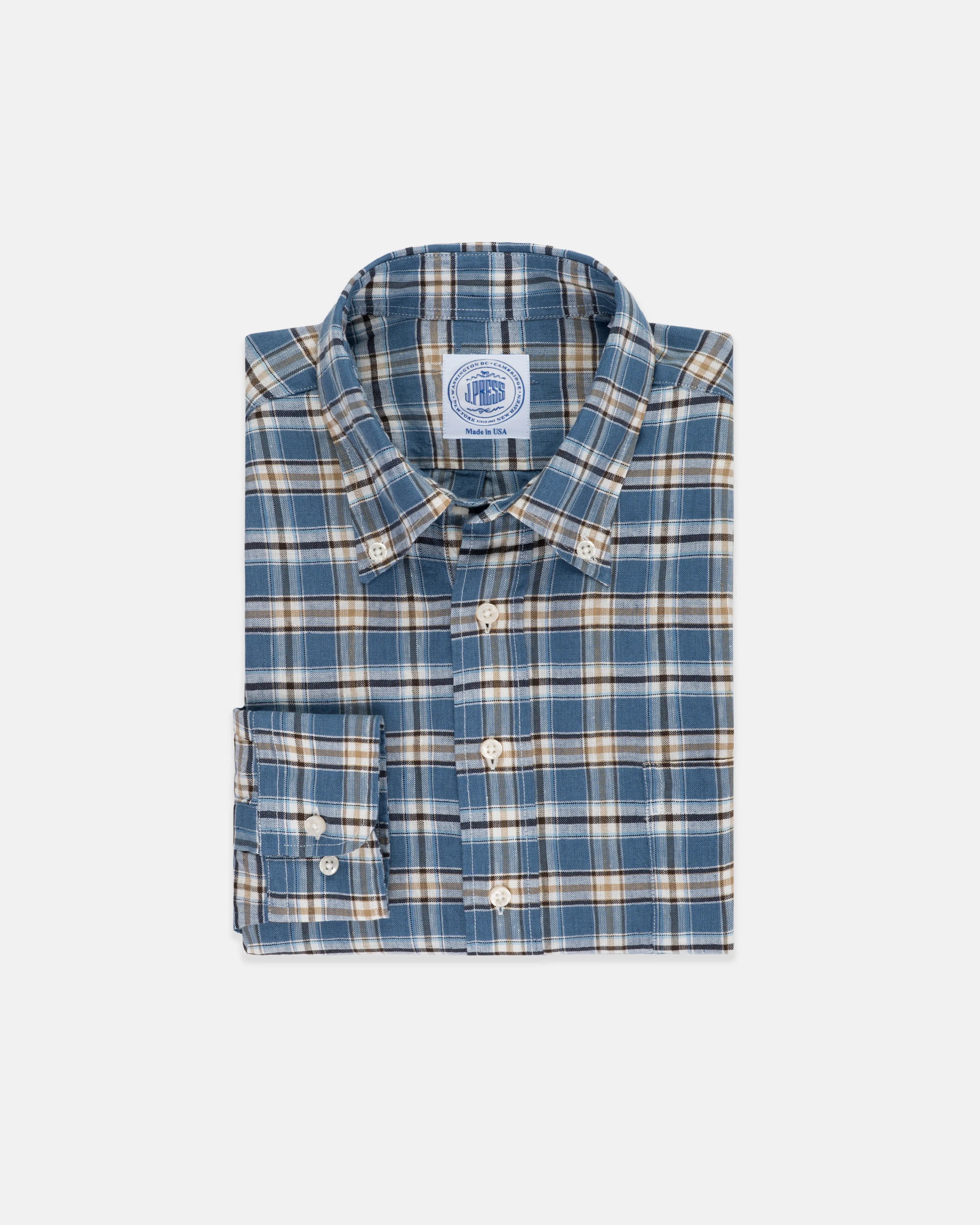 LINEN/COTTON LONG SLEEVE SHIRT - BLUE/NAVY/GOLD PANE
