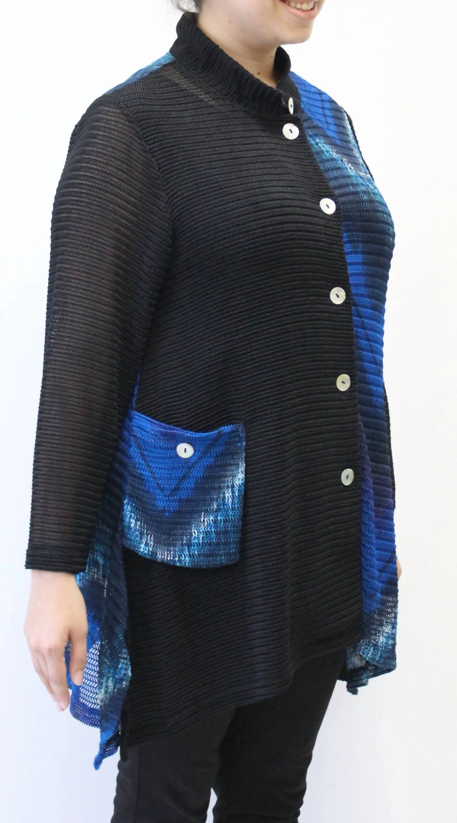Mandarin Loose Weave Knit Jacket - Plus In Blue & Black
