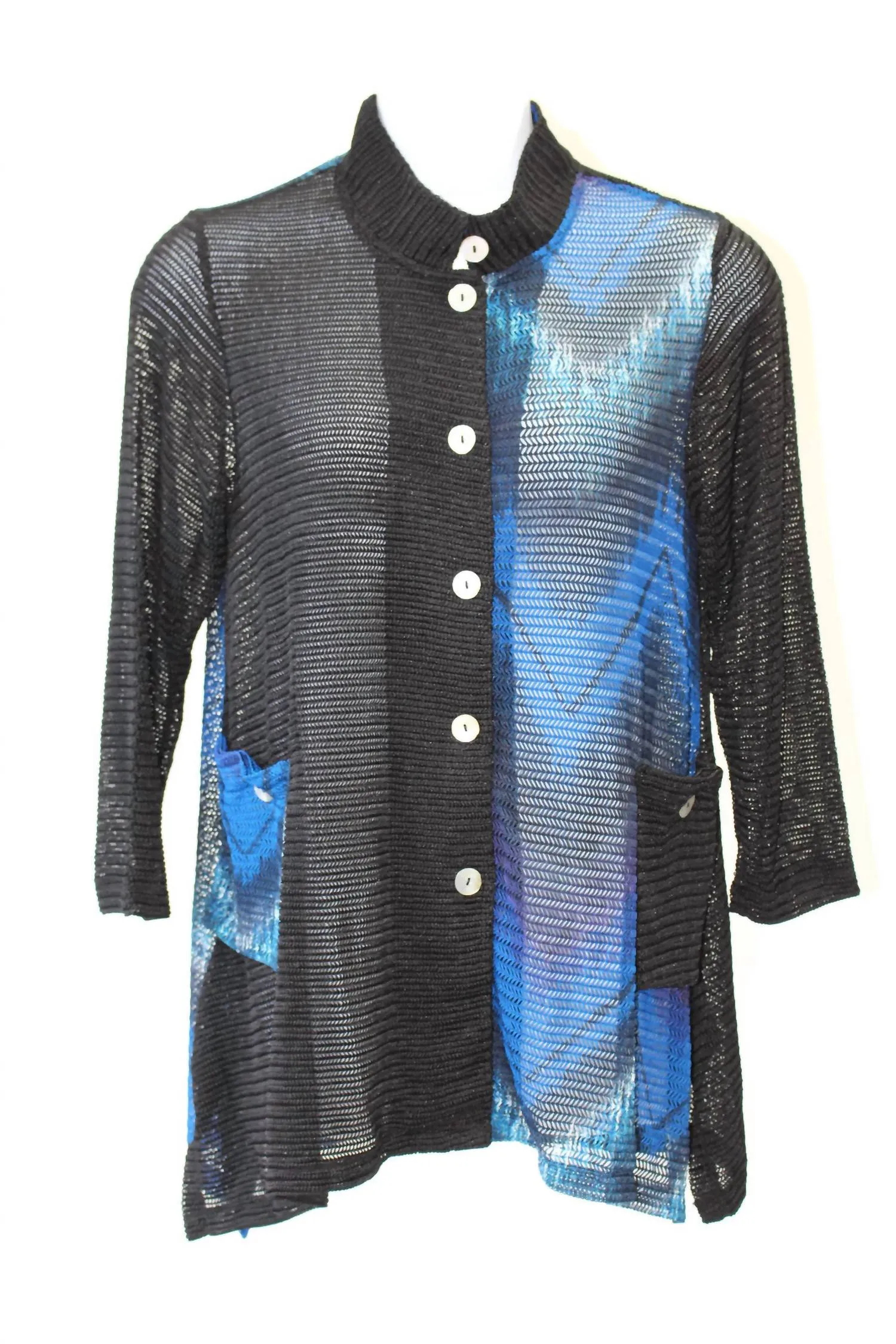 Mandarin Loose Weave Knit Jacket - Plus In Blue & Black