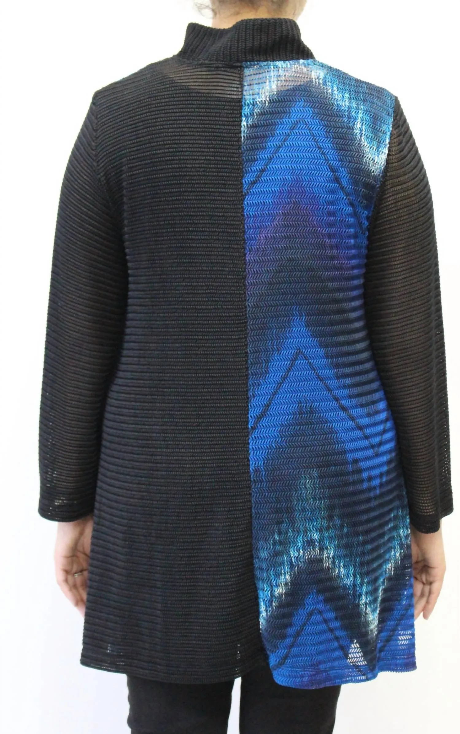 Mandarin Loose Weave Knit Jacket - Plus In Blue & Black