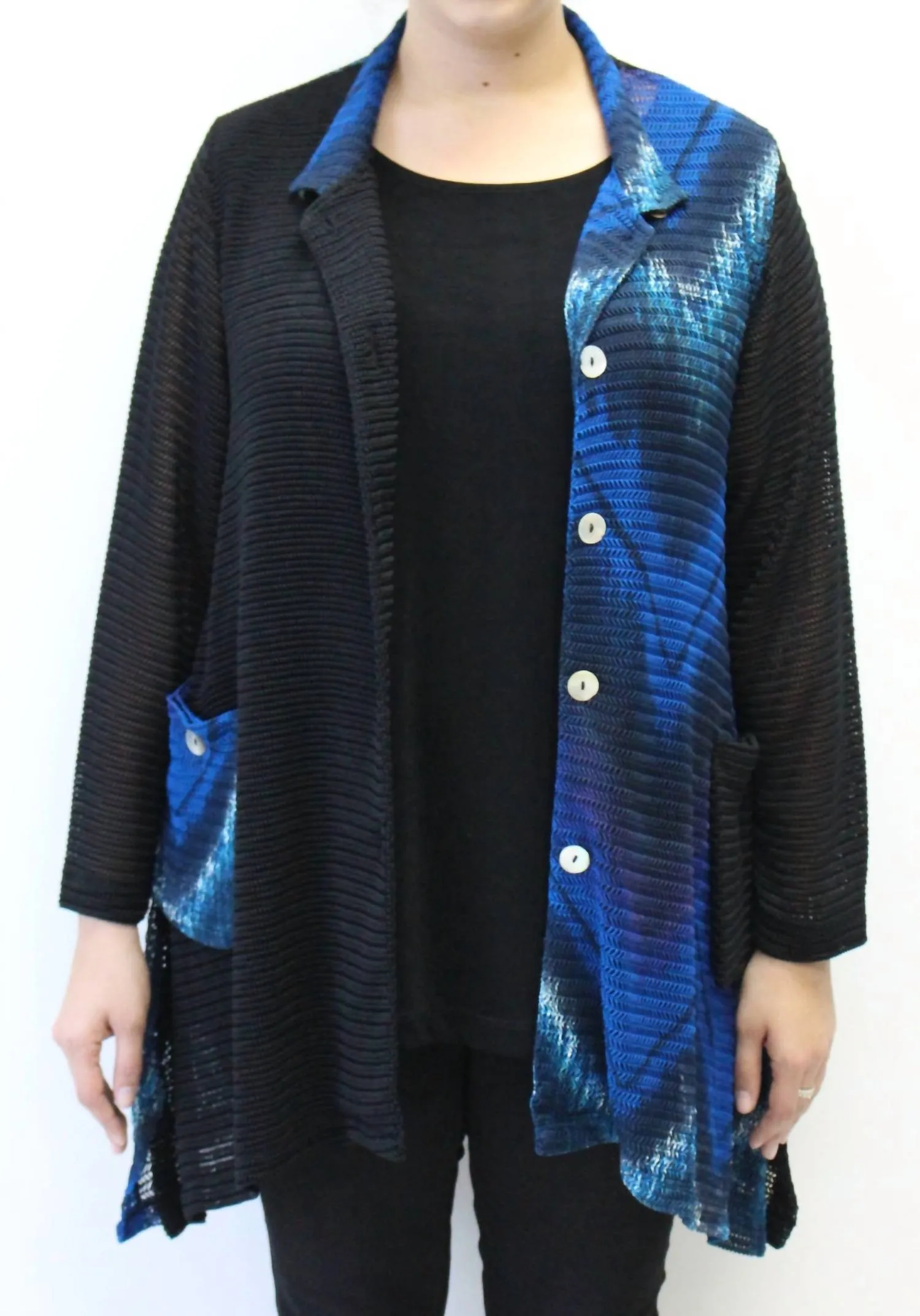 Mandarin Loose Weave Knit Jacket - Plus In Blue & Black