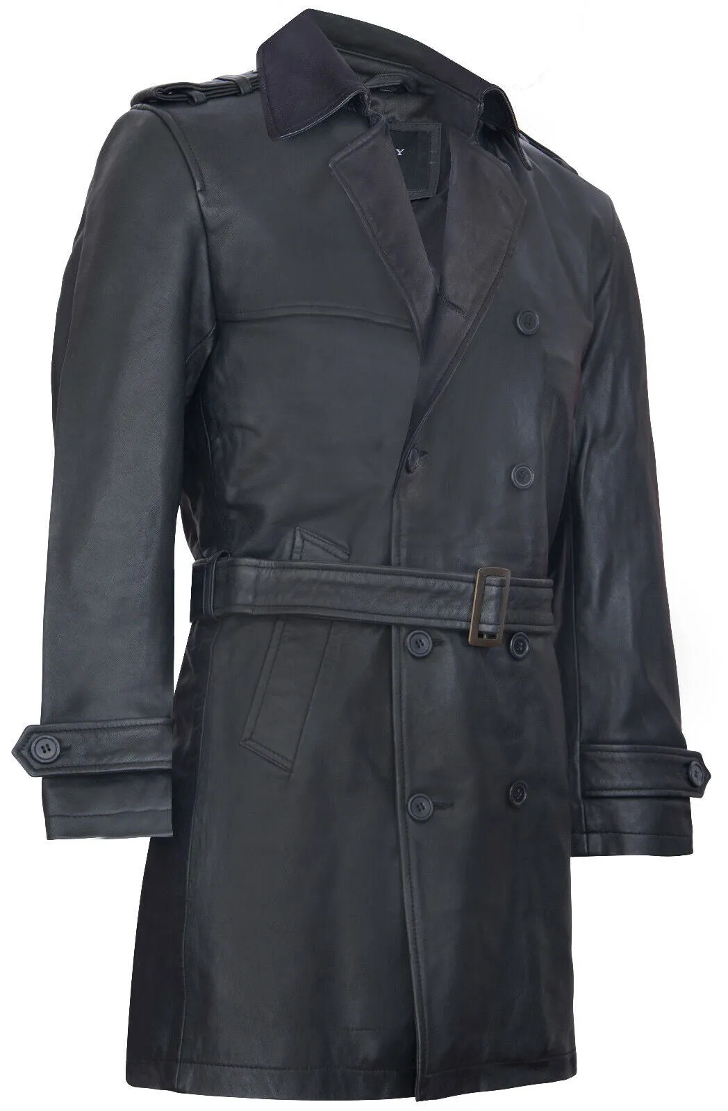 Mens Black Leather Trench Coat-Memphis