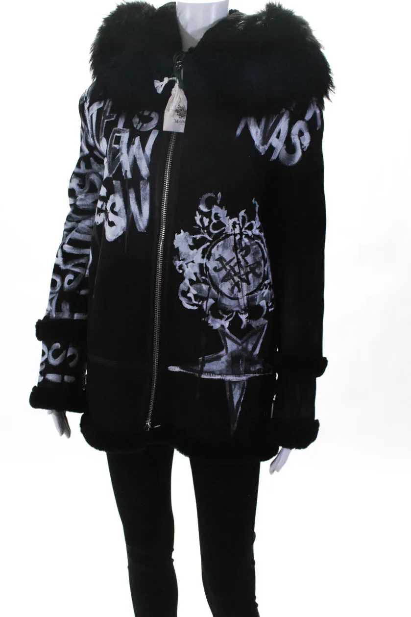 Mr & Mrs Italy Womens Shearling Racoon Fur Collar Painted Jacket Black