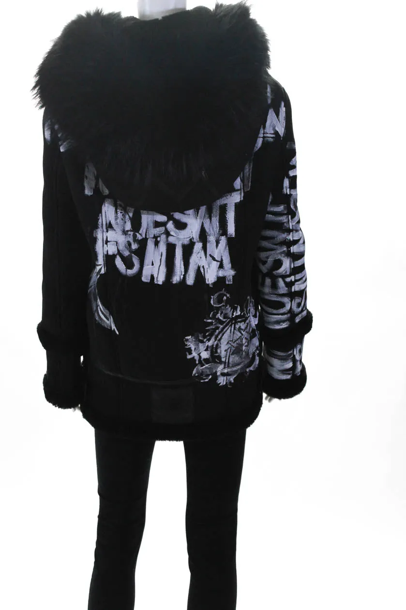 Mr & Mrs Italy Womens Shearling Racoon Fur Collar Painted Jacket Black