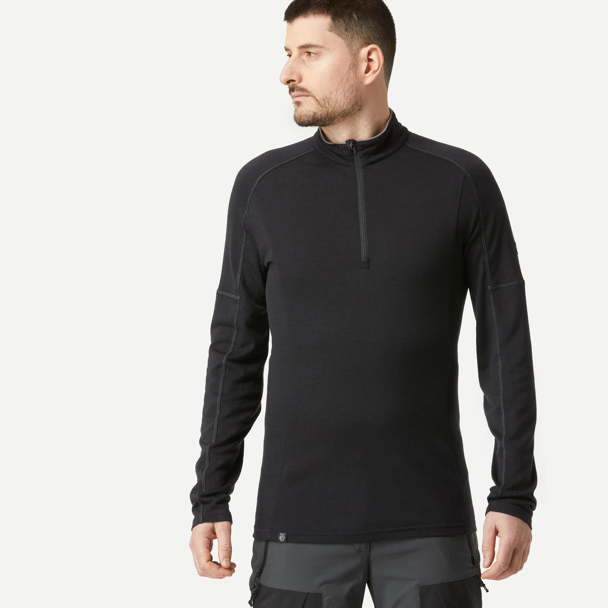 Outdoor Decathlon Clothing Simond Men's Mountain Backpacking Merino Wool Long-Sleeved T-Shirt with zip collar - MT500
