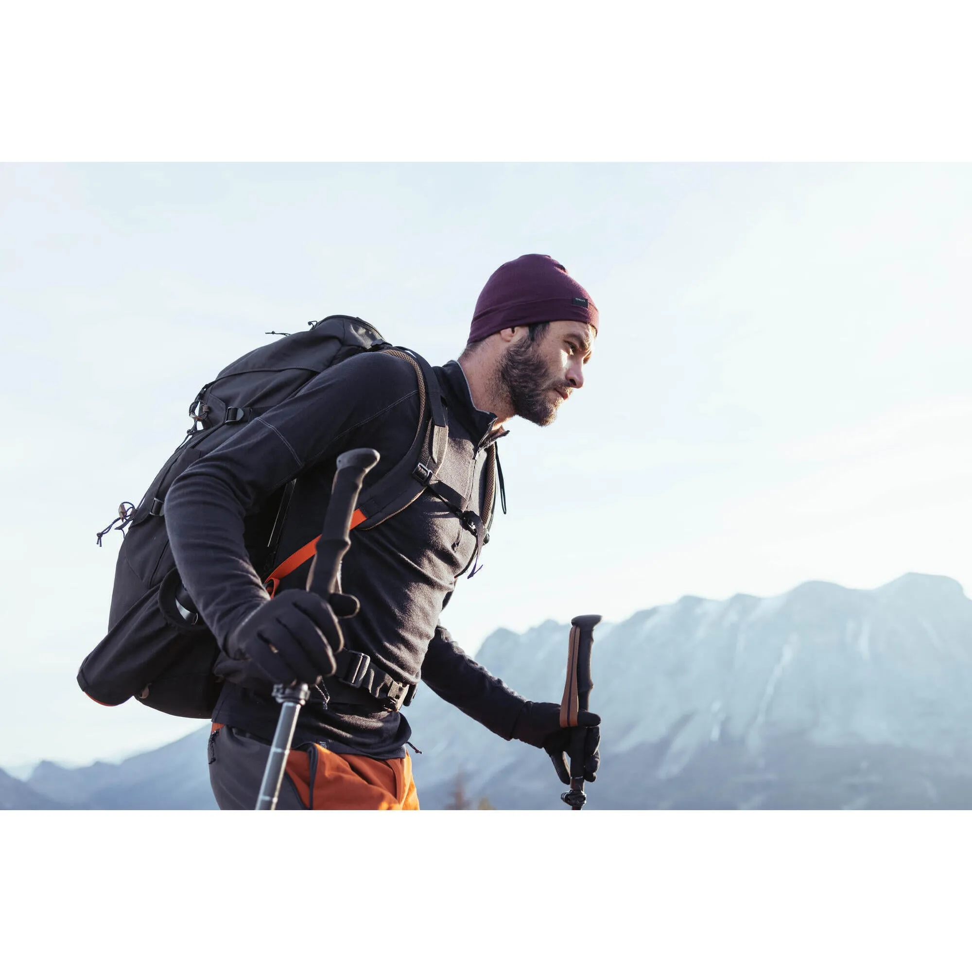 Outdoor Decathlon Clothing Simond Men's Mountain Backpacking Merino Wool Long-Sleeved T-Shirt with zip collar - MT500