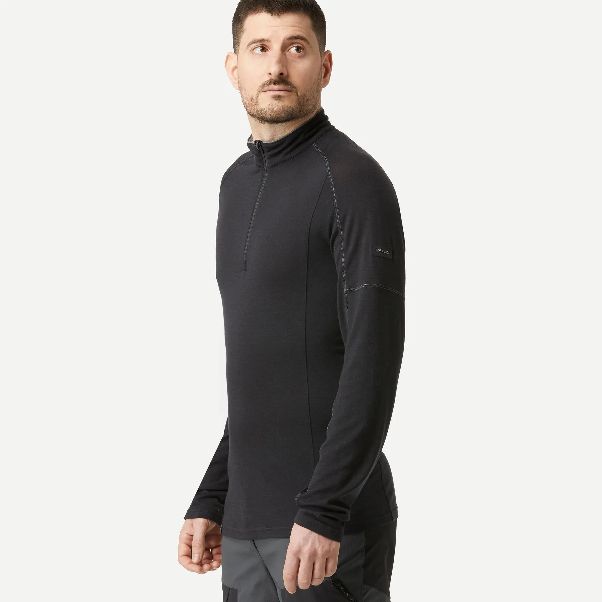 Outdoor Decathlon Clothing Simond Men's Mountain Backpacking Merino Wool Long-Sleeved T-Shirt with zip collar - MT500