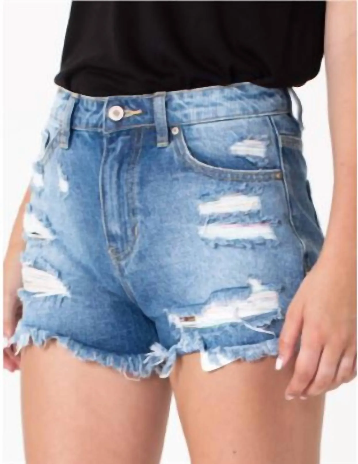 Pastel Thread Distressed Denim Shorts In Medium Wash