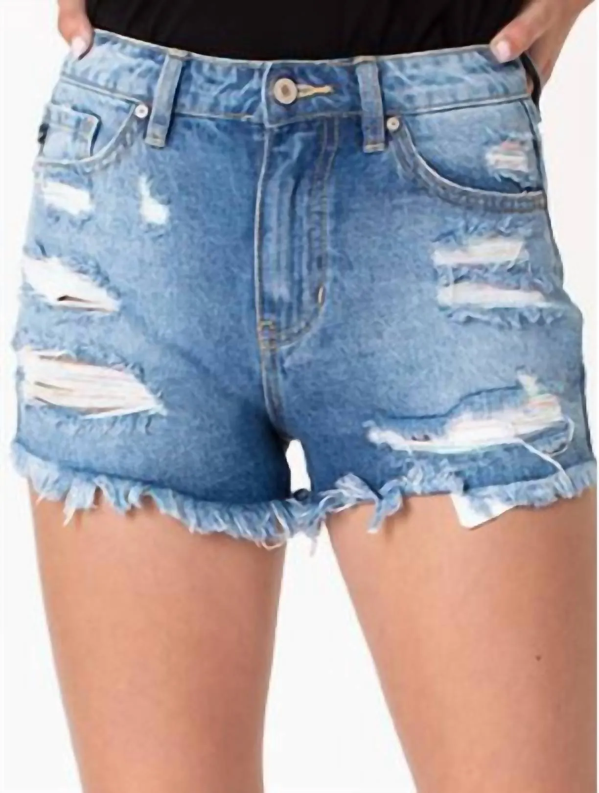 Pastel Thread Distressed Denim Shorts In Medium Wash
