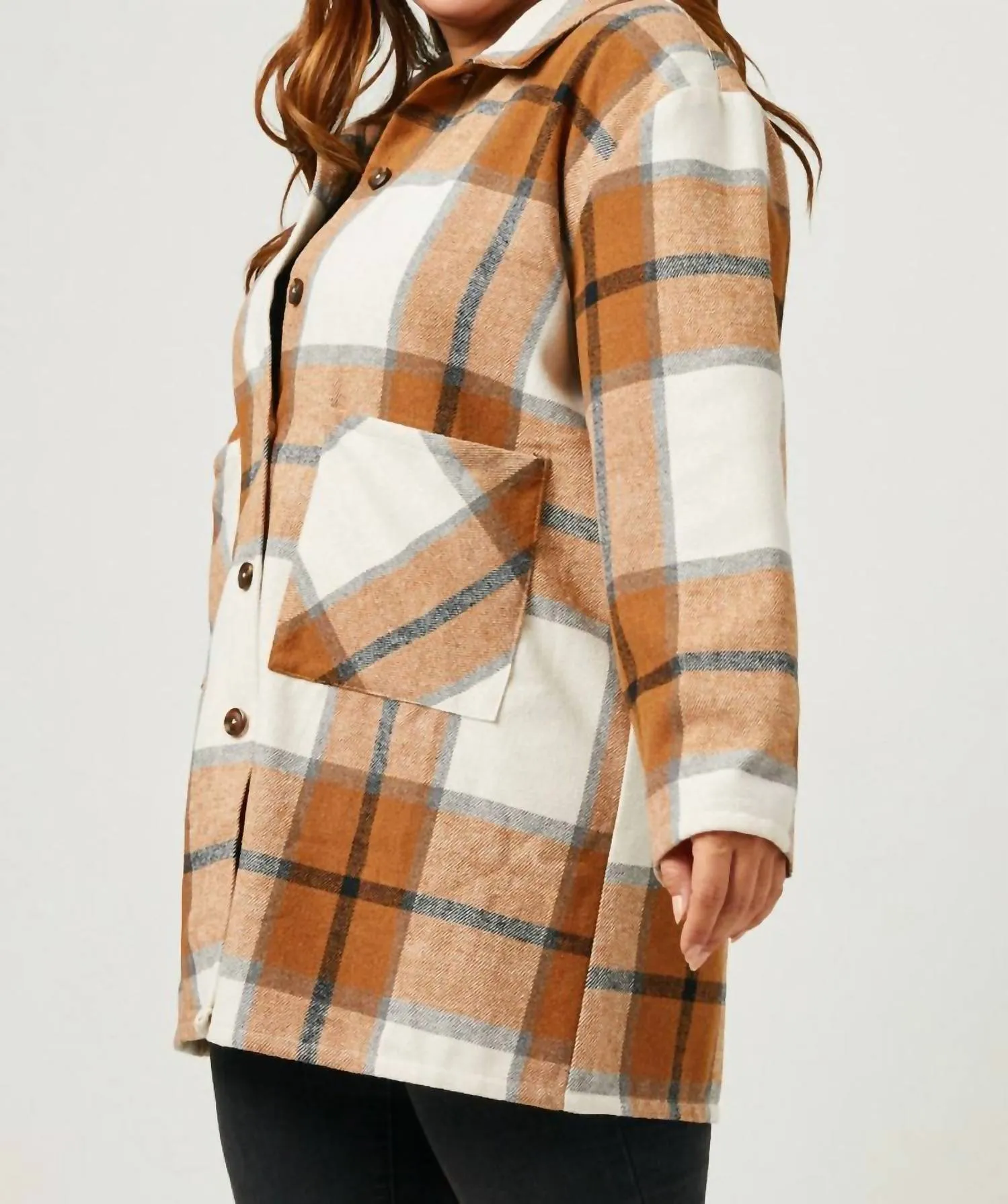 Plaid Button Up Patch Pocket Coat - Plus In Camel