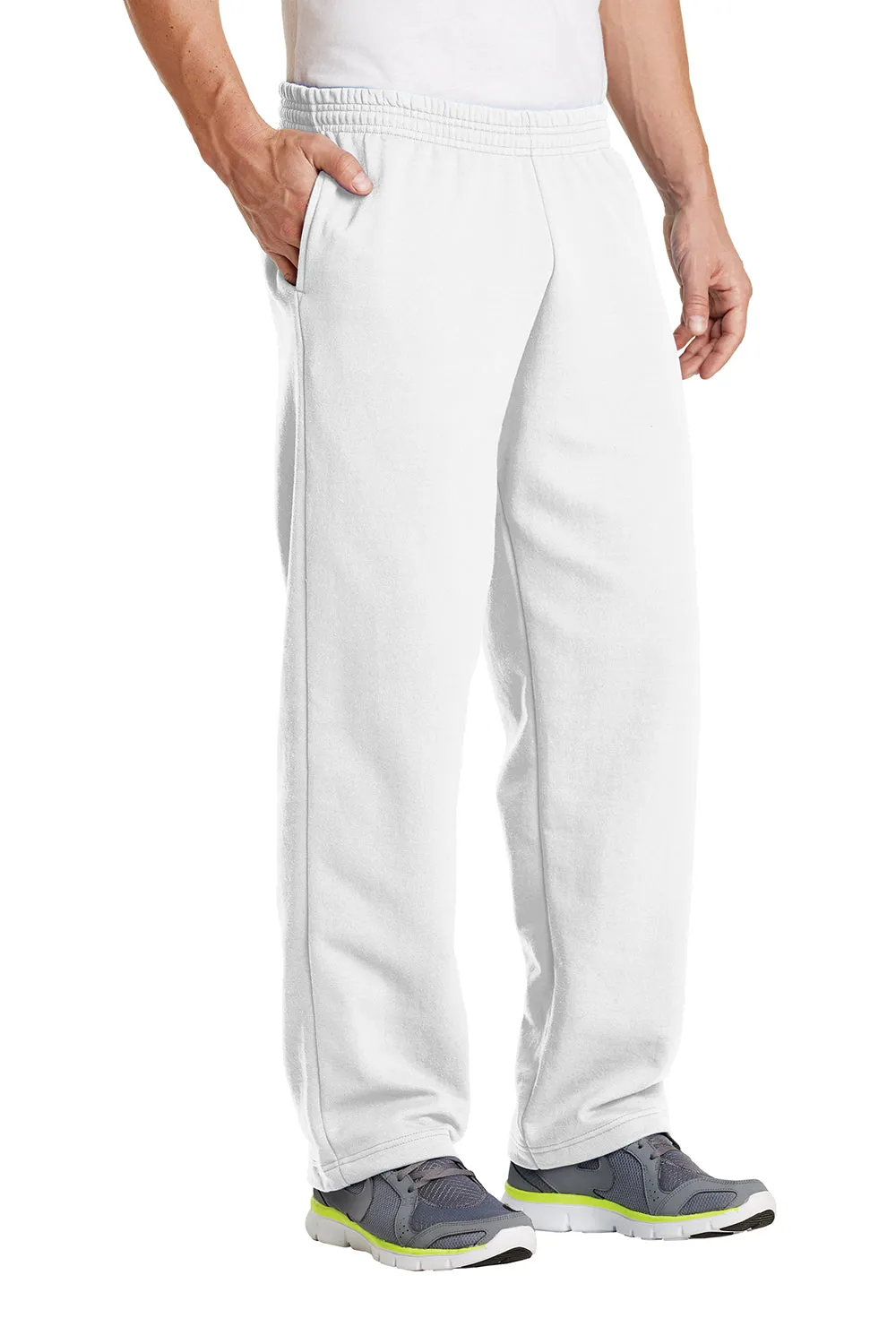 Port & Company Mens Core Pill Resistant Fleece Open Bottom Sweatpants w/ Pockets - White