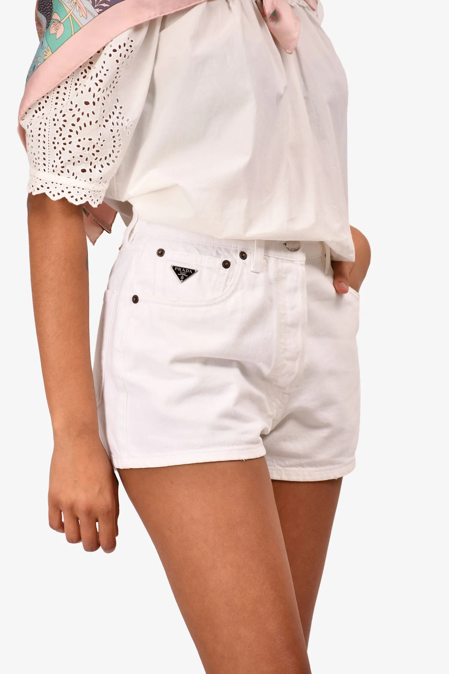 Prada Cream Denim Triangle Logo Shorts Size 25