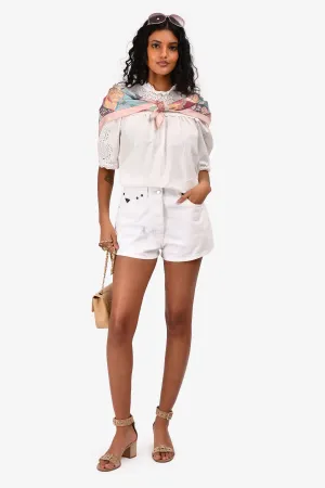 Prada Cream Denim Triangle Logo Shorts Size 25
