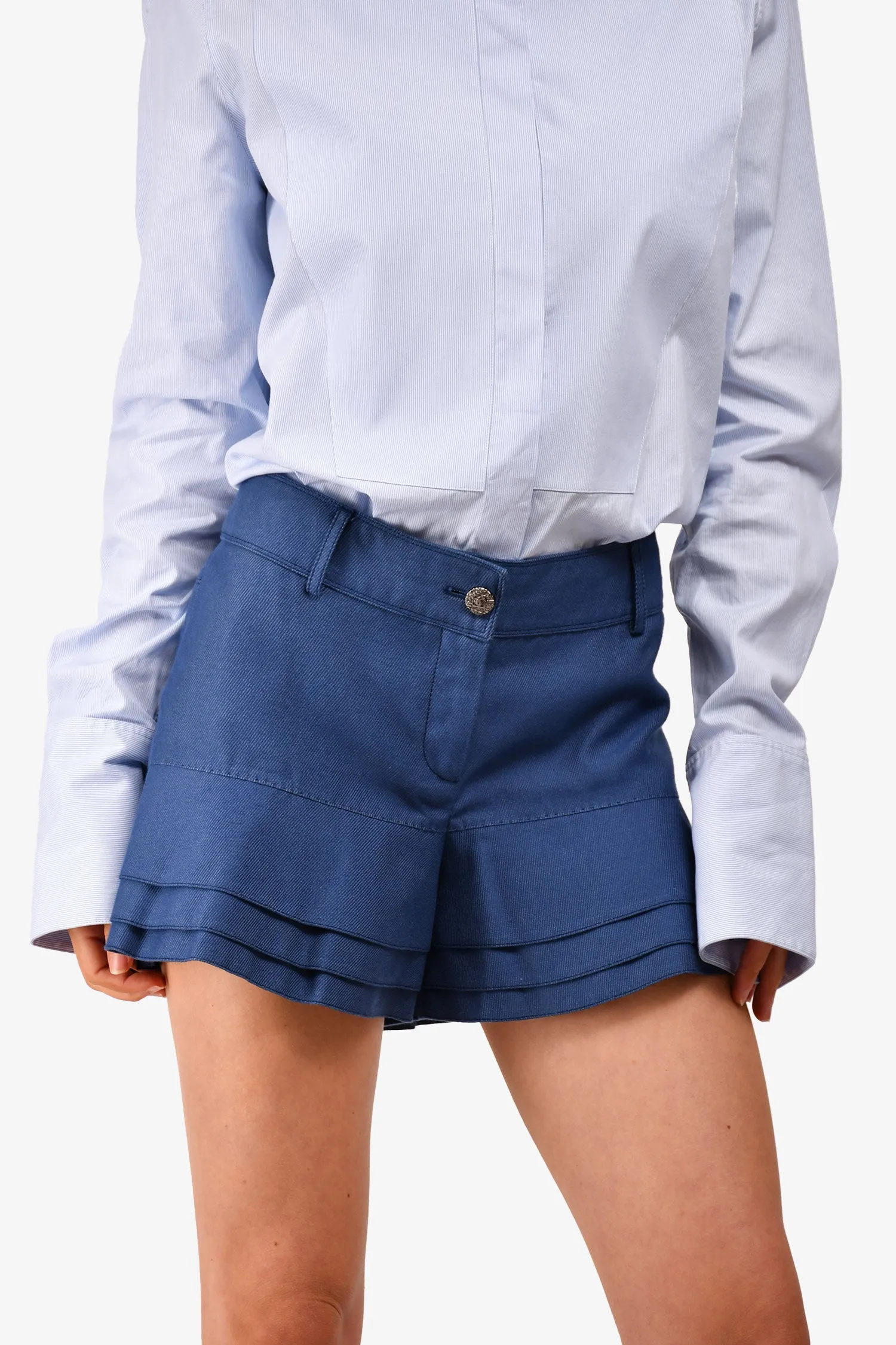 Pre-Loved Chanel™ Blue Denim CC Ruffle Shorts Size 38