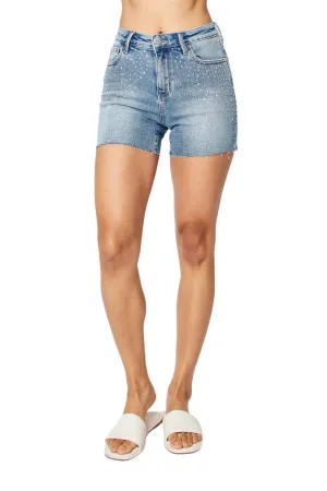 Rhinestone Cut Off Short In Blue Denim