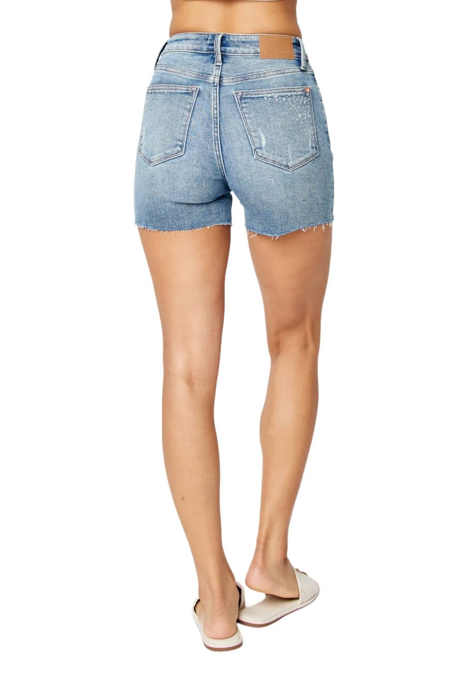 Rhinestone Cut Off Short In Blue Denim