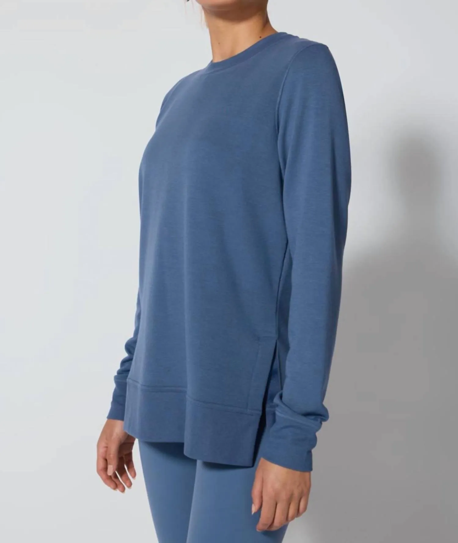 Serene Brushed Side Slit Pullover In Petrol Blue