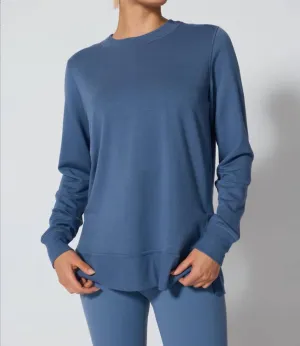Serene Brushed Side Slit Pullover In Petrol Blue